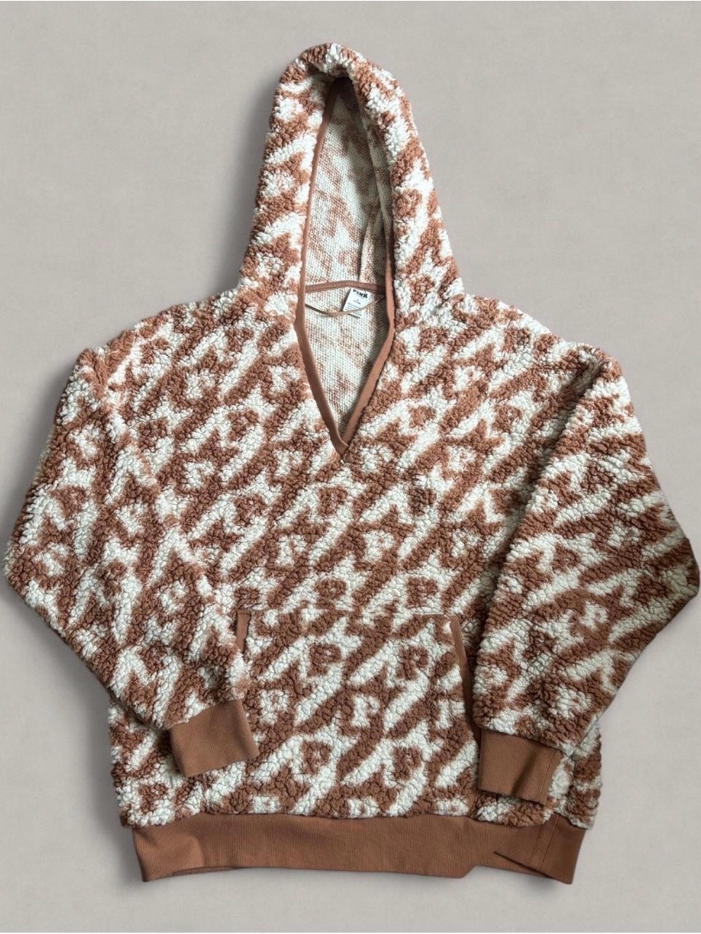 PINK Victoria's Secret V‑Neck Hooded Sherpa Sweater in Brown and Cream